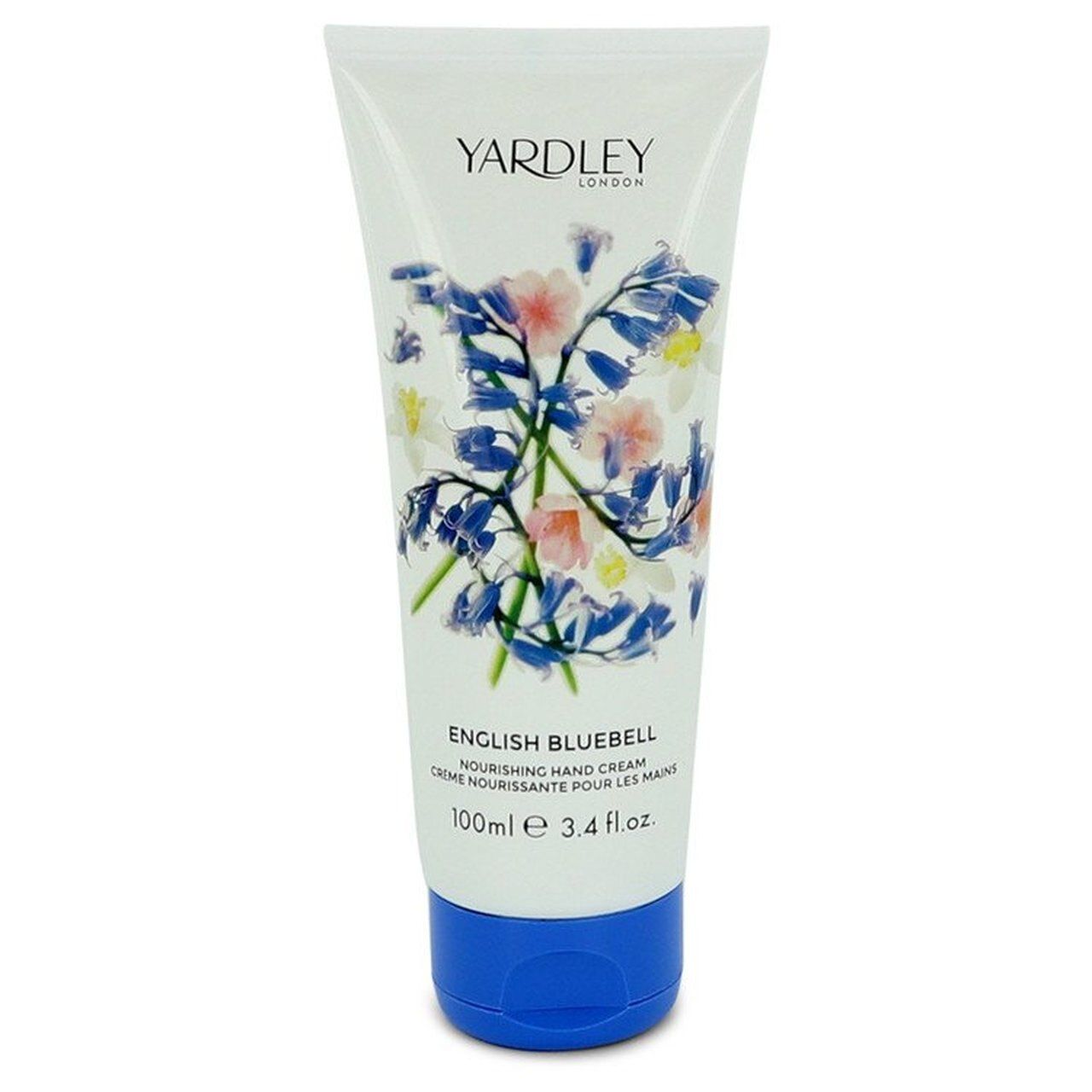 Weiß-blaue Tube Handcreme. Aufdruck: Yardley London, English Bluebell. Blumenmuster. Blaue Verschlusskappe. 100ml.