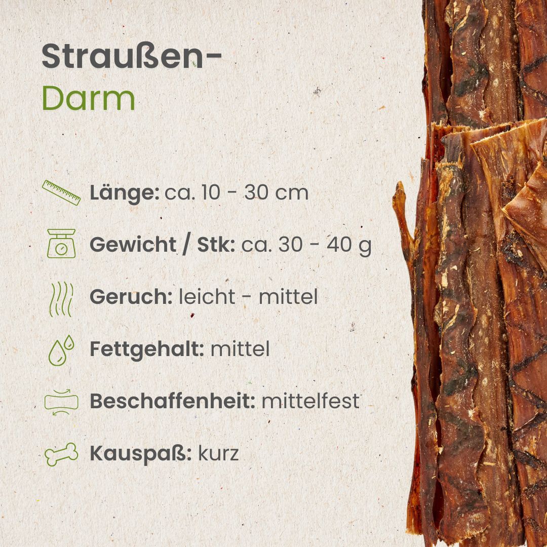 Getrocknete Straußendarm-Streifen für Hunde, braun.