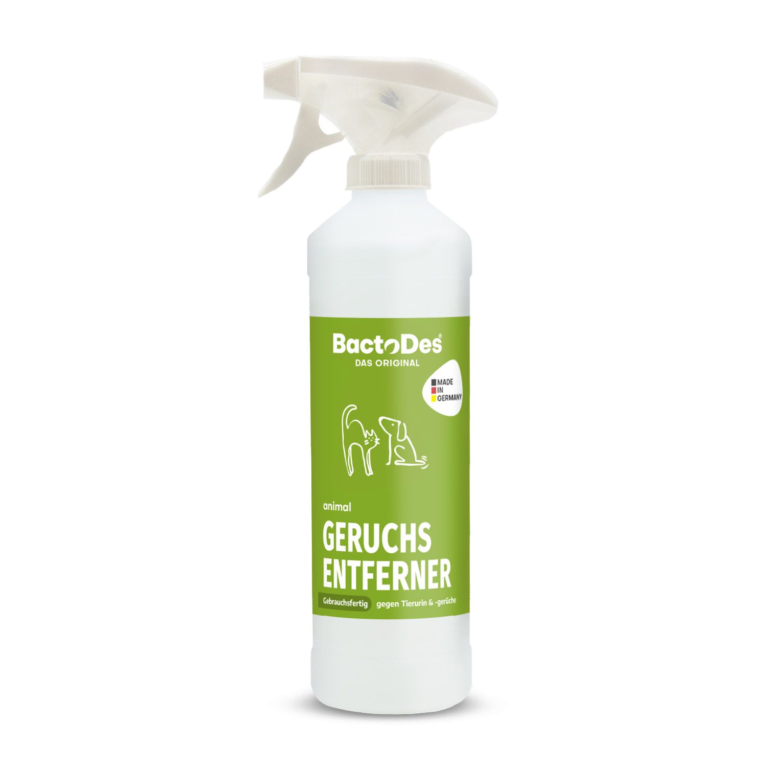 Sprühflasche mit grünem Etikett. Aufschrift: BactoDes, Geruchsentferner. Mit Tier-Symbolen und "Made in Germany"-Logo.