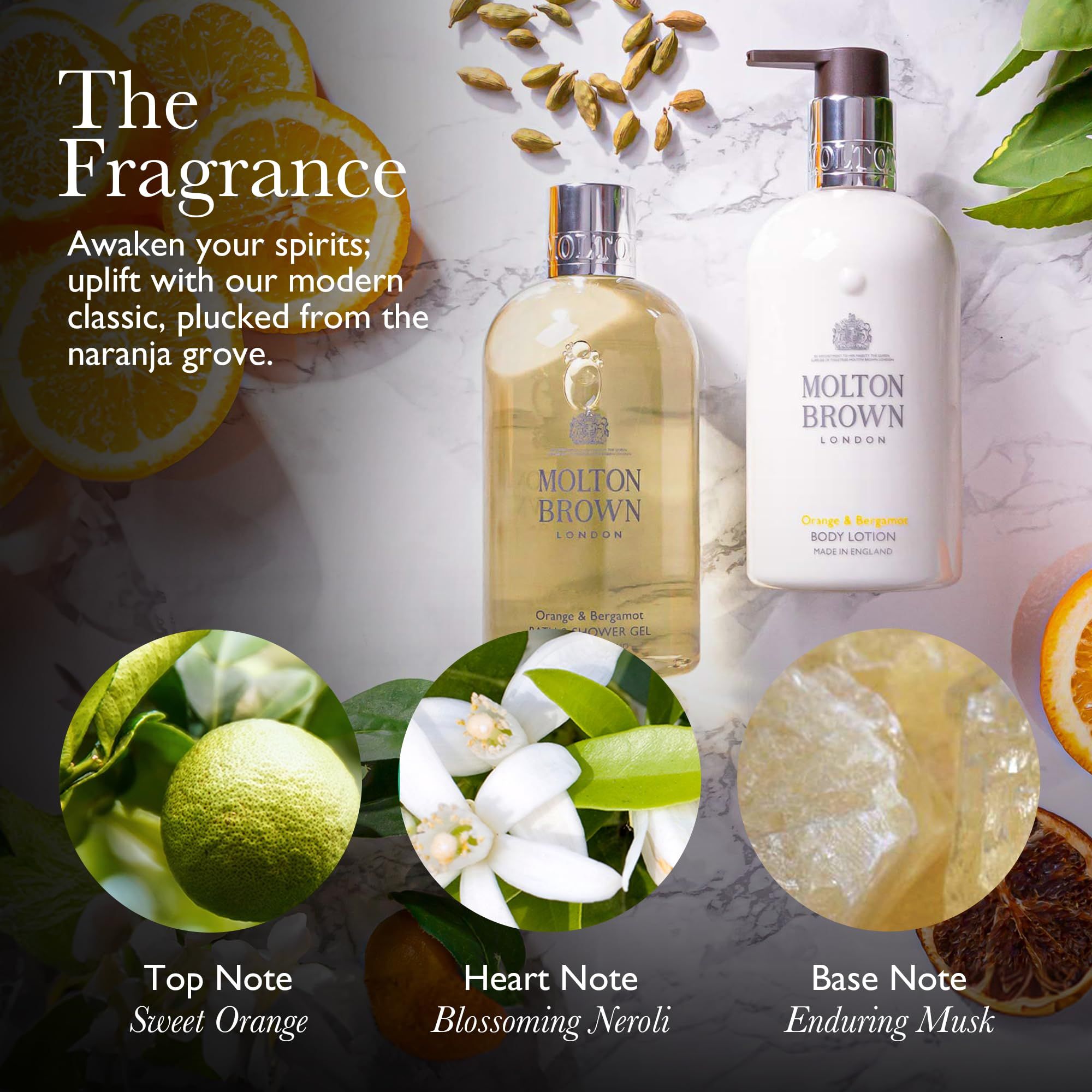 Werbebild mit Produkten und Zutaten. Flaschen, Früchte und Blüten. Text: The Fragrance, Top Note, Heart Note, Base Note.