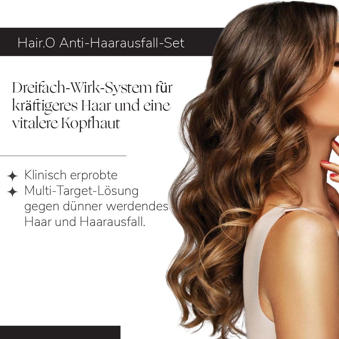 Text: Hair.O Anti-Haarausfall-Set. Dreifach-Wirk-System für kräftigeres Haar. Klinisch erprobt. Frau mit langen Haaren.