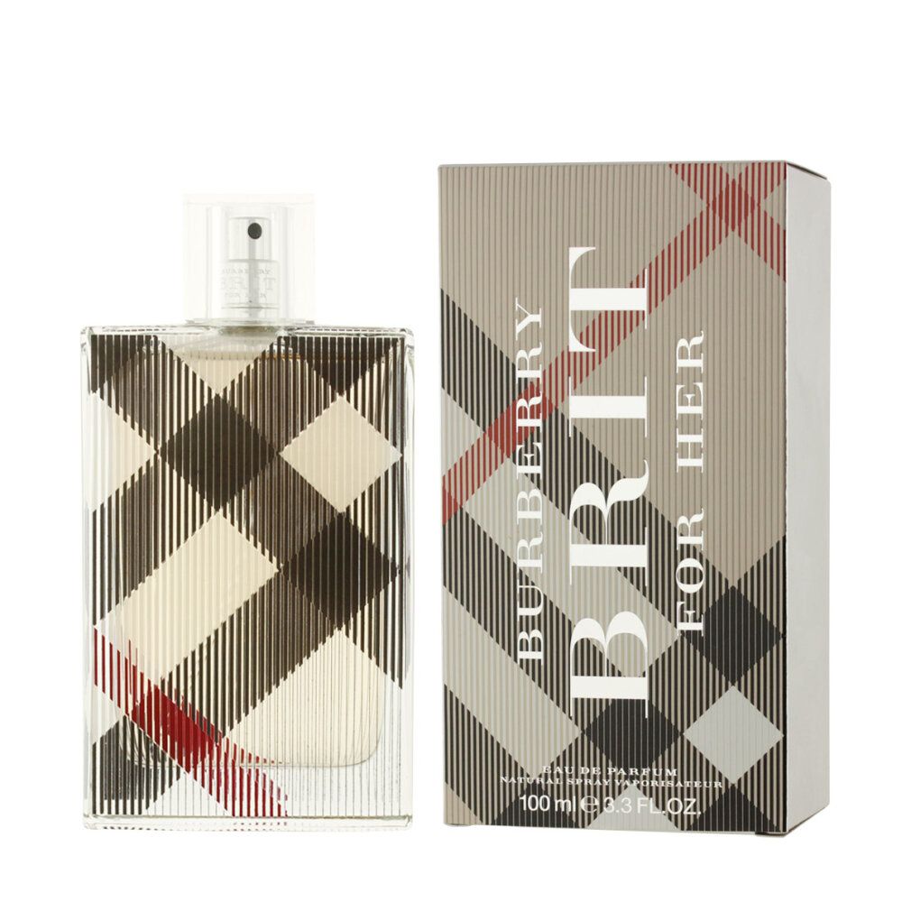 Burberry Brit For Her Eau de Parfum Spray mit Verpackung. Flakon und Schachtel mit Karomuster und Logo.