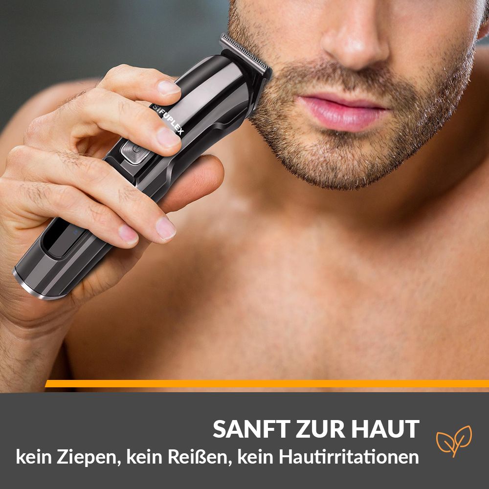 Mann rasiert sich mit einem Trimmer. Beschriftung: SIFUPLEX.