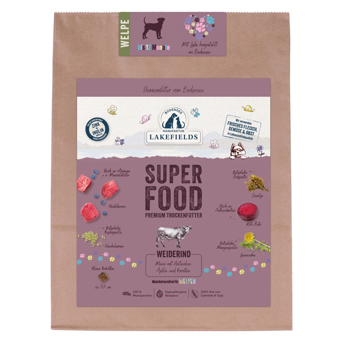 Lakefields - Superfood Premium Hundefutter Weiderind Komplettmenü für Welpen 1000 g