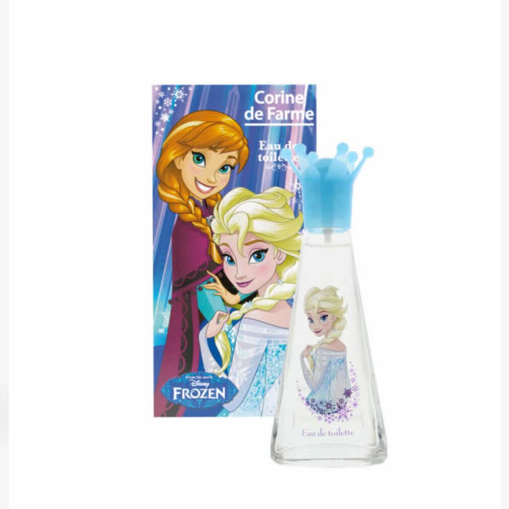 Parfümflasche mit blauem Kronenkopf und Elsa-Illustration. Daneben eine Schachtel mit Elsa und Anna. Aufschrift: Corine de Farme.