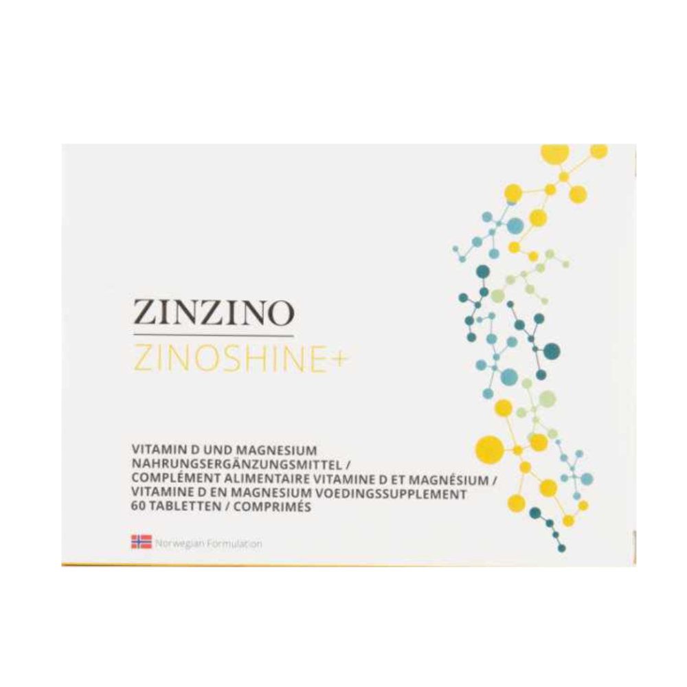 Weiße Schachtel mit "Zinzino ZinoShine+" Aufschrift. Enthält 60 Tabletten. Text: Vitamin D und Magnesium.