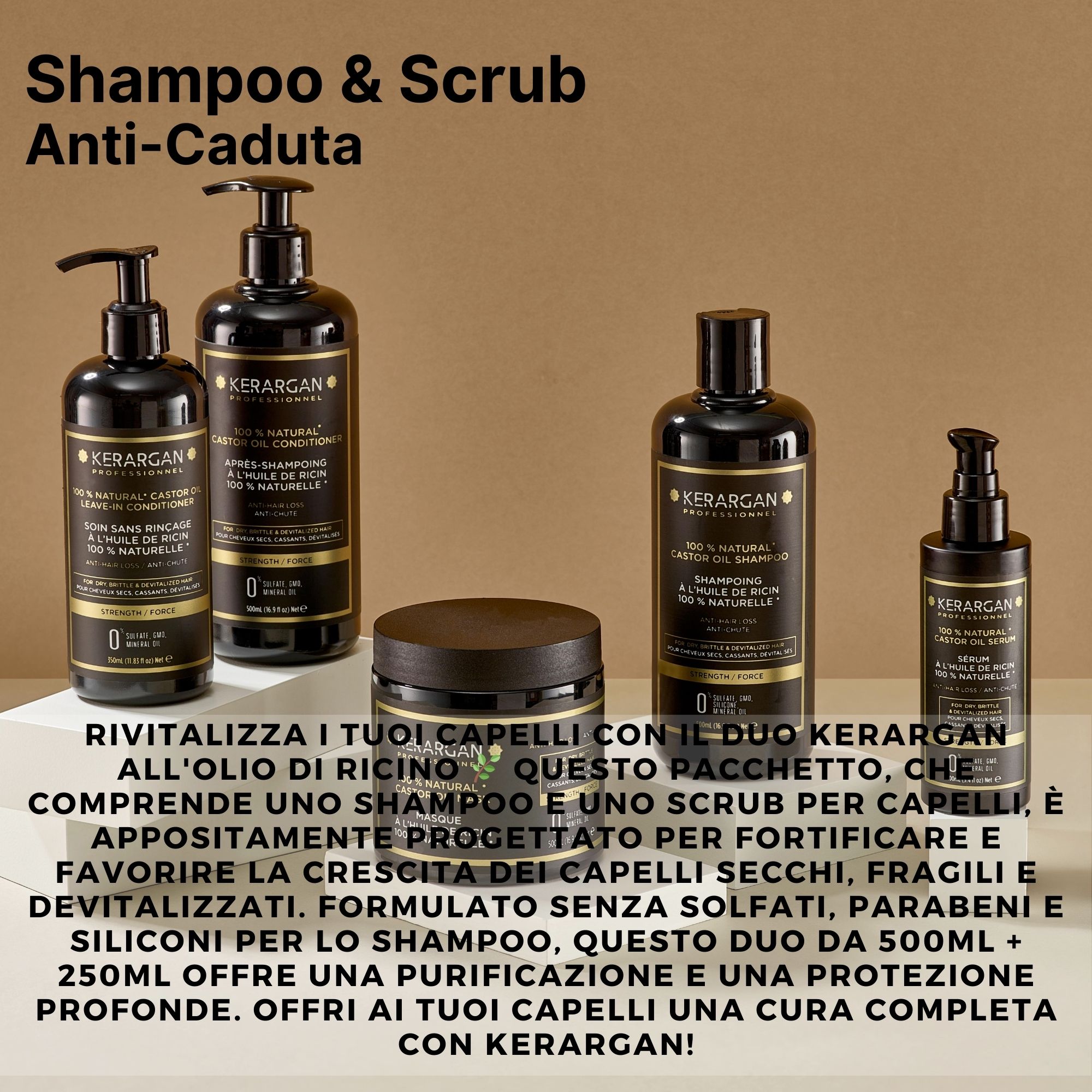 Diversi prodotti Kerargan su un tavolo. Flaconi neri e un vasetto. Testo: Shampoo & Gommage Anti-Caduta.