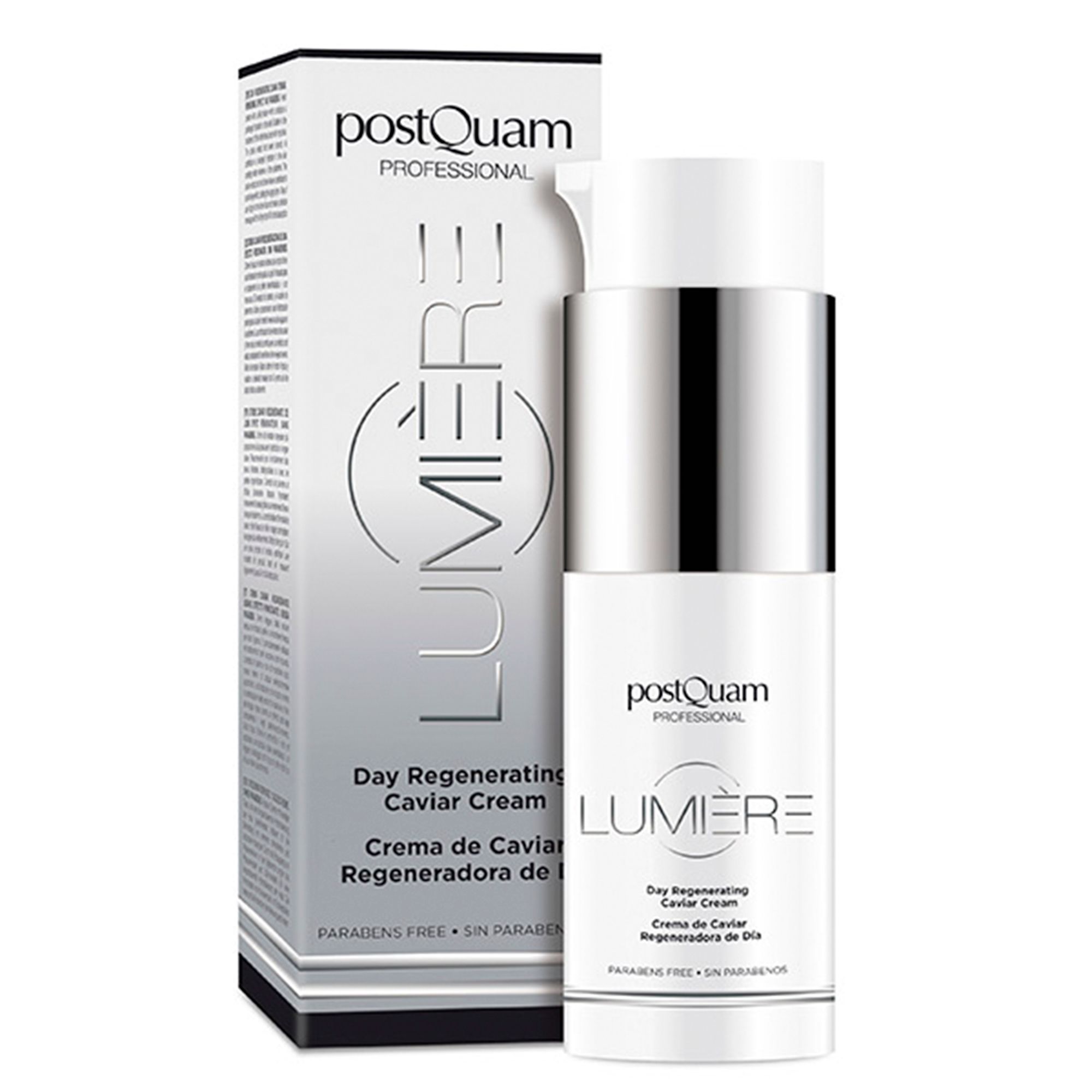 Creme-Flakon mit Verpackung. Aufschrift: PostQuam Professional, Lumière, Day Regenerating Caviar Cream. Silberner Deckel.