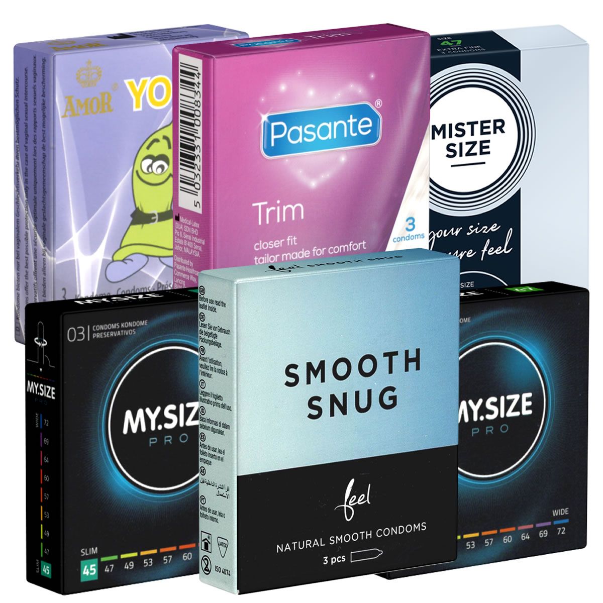 Mehrere Kondom-Verpackungen. Marken: Amor, Pasante, Mister Size, My.Size und Feel. Aufdrucke: Trim, Smooth Snug, Natural Smooth Condoms.
