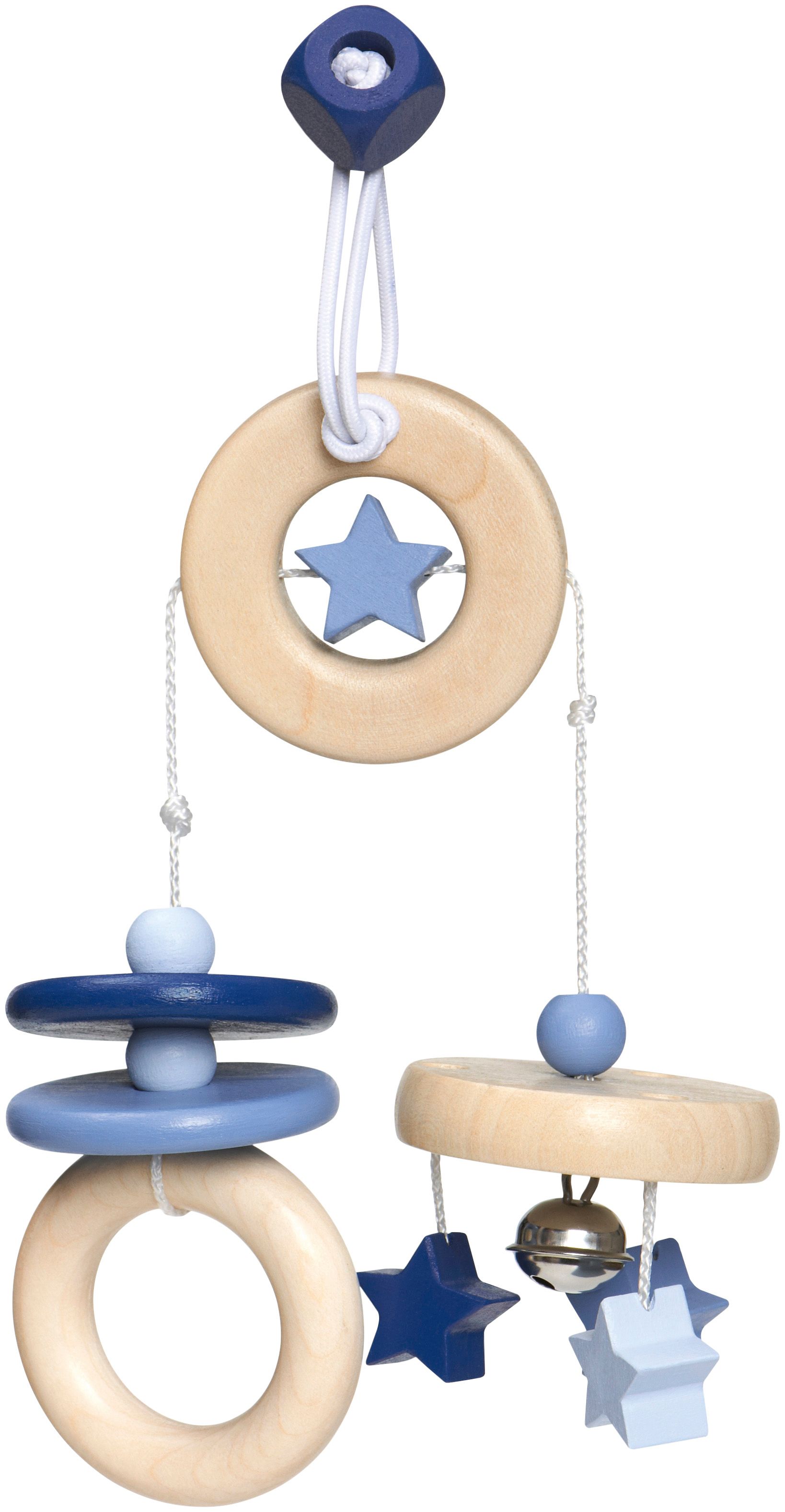 Ein blau-weißes Holzspielzeug mit Sternen und Ringen. Es hat eine Glocke und ist an einer Schnur aufgehängt.