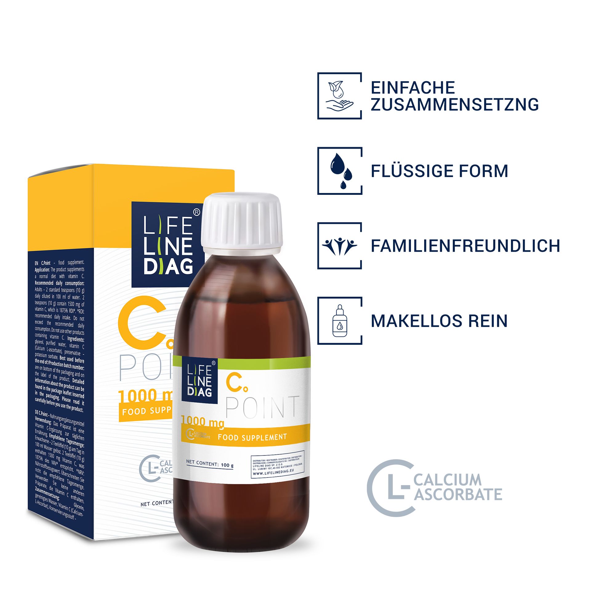 C.Point Nahrungsergänzungsmittel in einer Flasche und Schachtel. Flasche mit brauner Flüssigkeit. Aufschrift: C.Point 1000 mg, Food Supplement, Calcium Ascorbat.