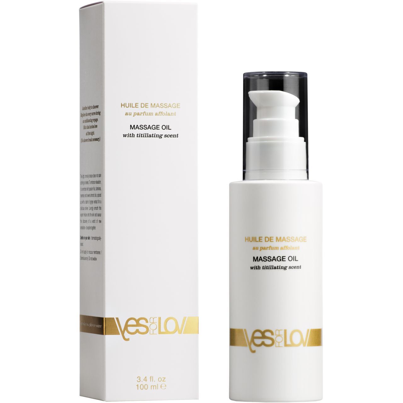 Weißes Massageöl-Fläschchen mit Spender und Verpackung. Aufschrift: YESforLOV, Massage Oil.