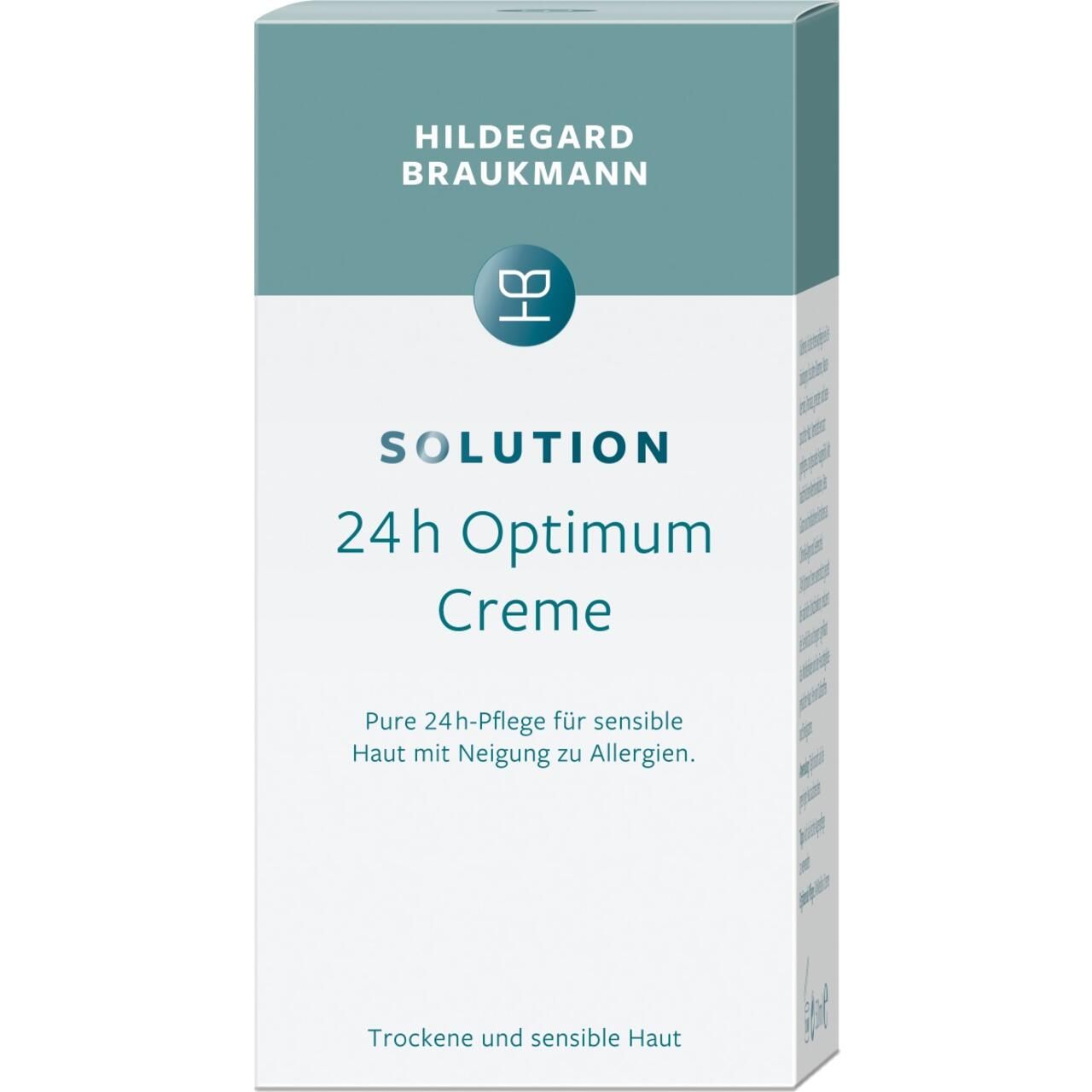 Hildegard Braukmann Solution 24h Optimum Creme. Weiße Verpackung mit blaugrünen Akzenten. Produktname und Logo.