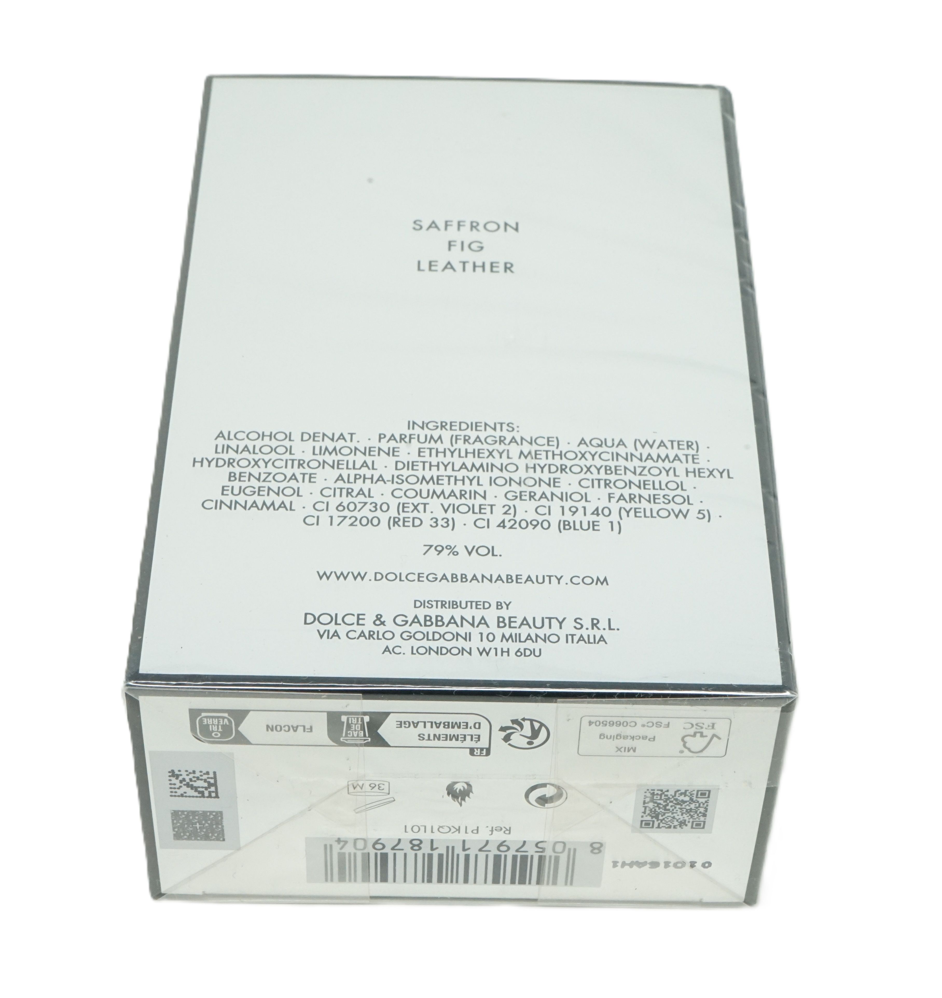 Rückseite der Verpackung mit Inhaltsstoffen und Informationen. Aufschrift: SAFFRON FIG LEATHER.