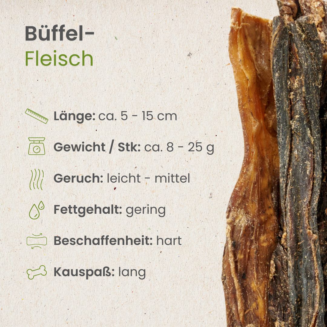 Büffelfleisch Kauartikel: 5-15 cm lang, 8-25g schwer. Geringer Fettgehalt, hart, langer Kauspaß.