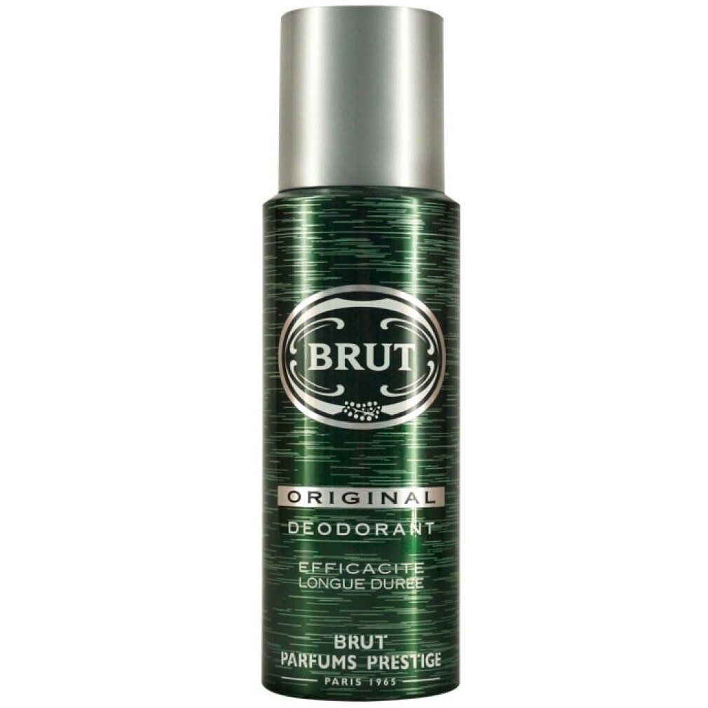 Grüne Deodorant-Spraydose mit silbernem Deckel. Aufschrift: BRUT, ORIGINAL DEODORANT, EFFACITE LONGUE DUREE, BRUT PARFUMS PRESTIGE.
