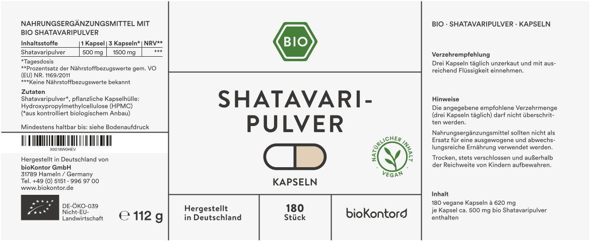 Weißes Etikett mit Produktinformationen. Enthält Produktname, Inhaltsstoffe, Dosierung, Hinweise und Herstellerinformationen. 180 Stück.