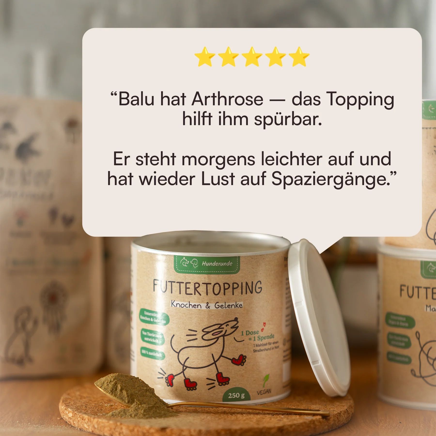 Zitier-Text: Balu hat Arthrose, das Topping hilft ihm spürbar. Er steht leichter auf.