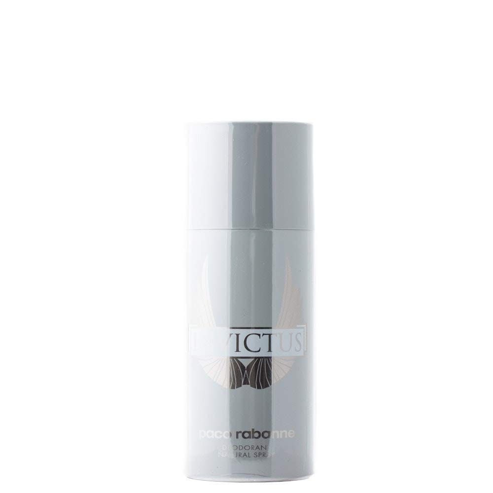 Grauer Deospray mit "Invictus"-Logo und "paco rabanne"-Schriftzug. "Deodorant Natural Spray" darunter.