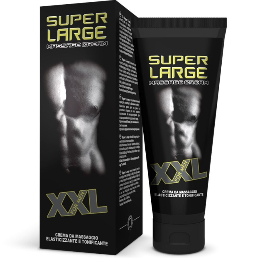 Massagecreme in schwarzer Tube mit gelbem Schriftzug 'SUPER LARGE MASSAGE CREAM' und 'XXL FOR MEN'.
