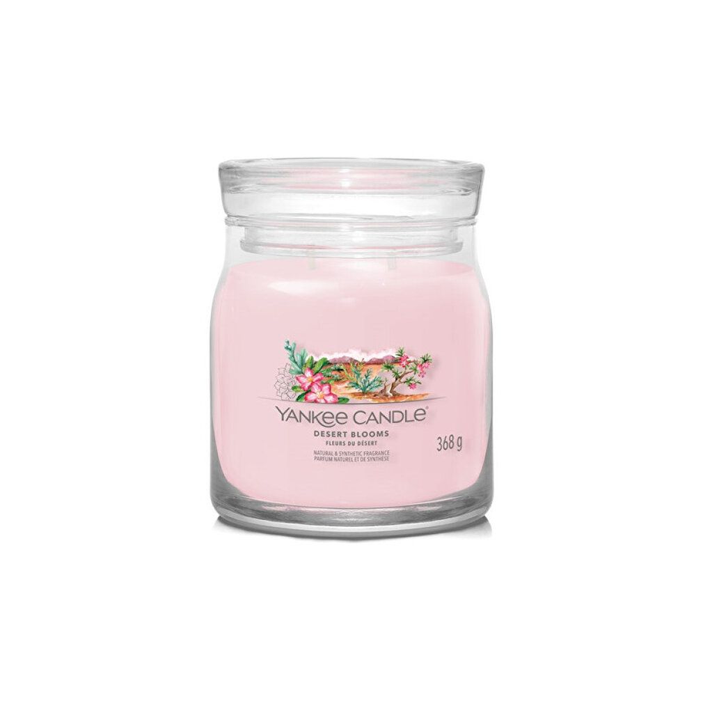 Glasbehälter mit rosa Kerze. Aufkleber mit Schriftzug und floralem Design. Deckel aus Glas. Gewicht: 368 g.