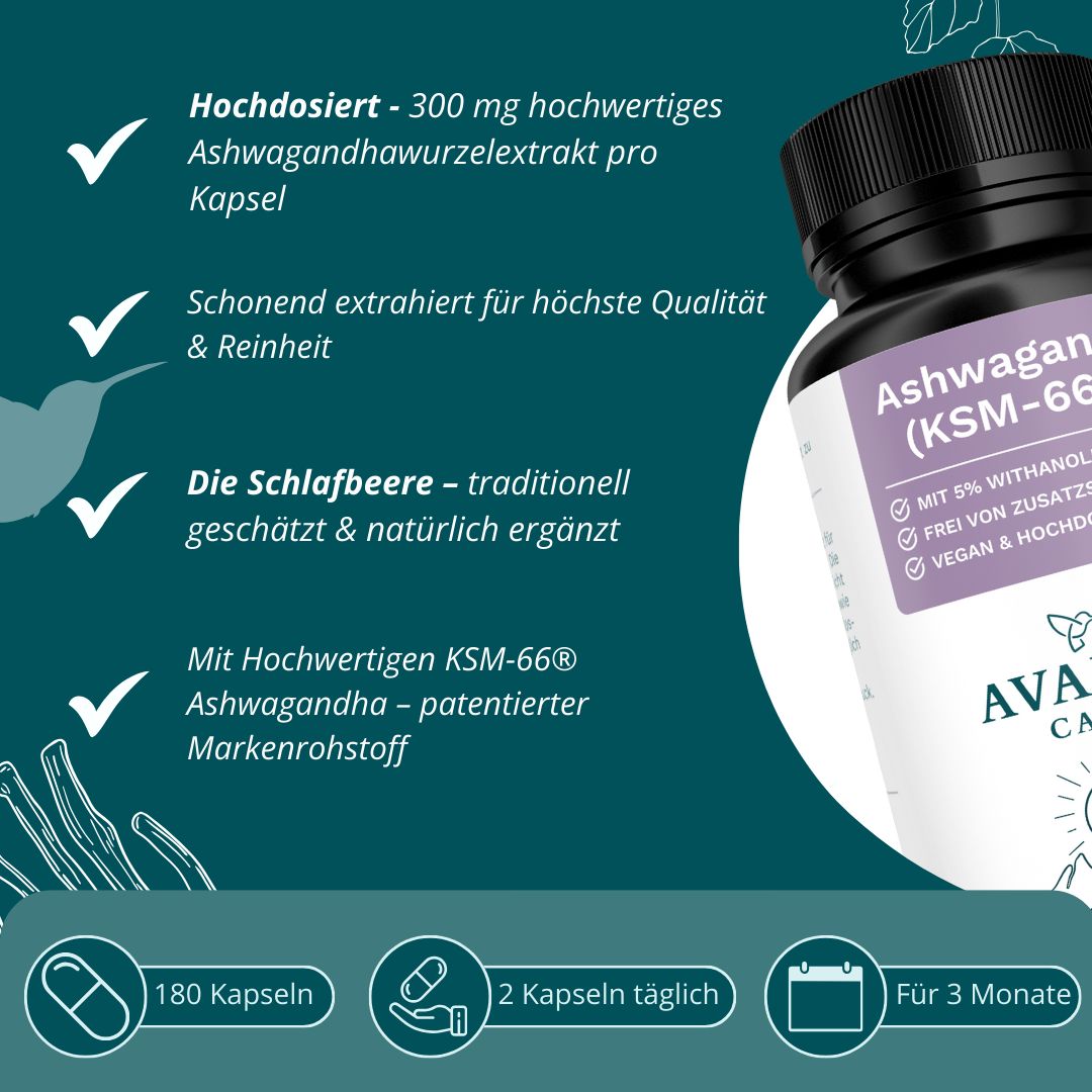 Produktflasche mit Ashwagandha. Text: 300 mg Ashwagandhawurzelextrakt pro Kapsel, schonend extrahiert, 180 Kapseln, 2 Kapseln täglich.