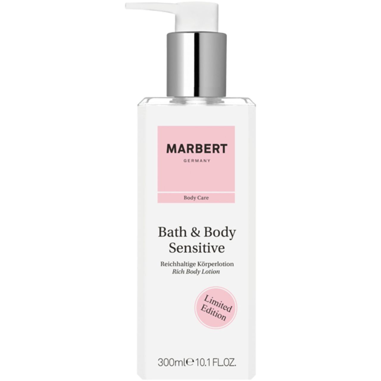 Weiße Flasche mit Pumpe. Rosa Etikett mit MARBERT, Bath & Body Sensitive. Limited Edition. 300ml.