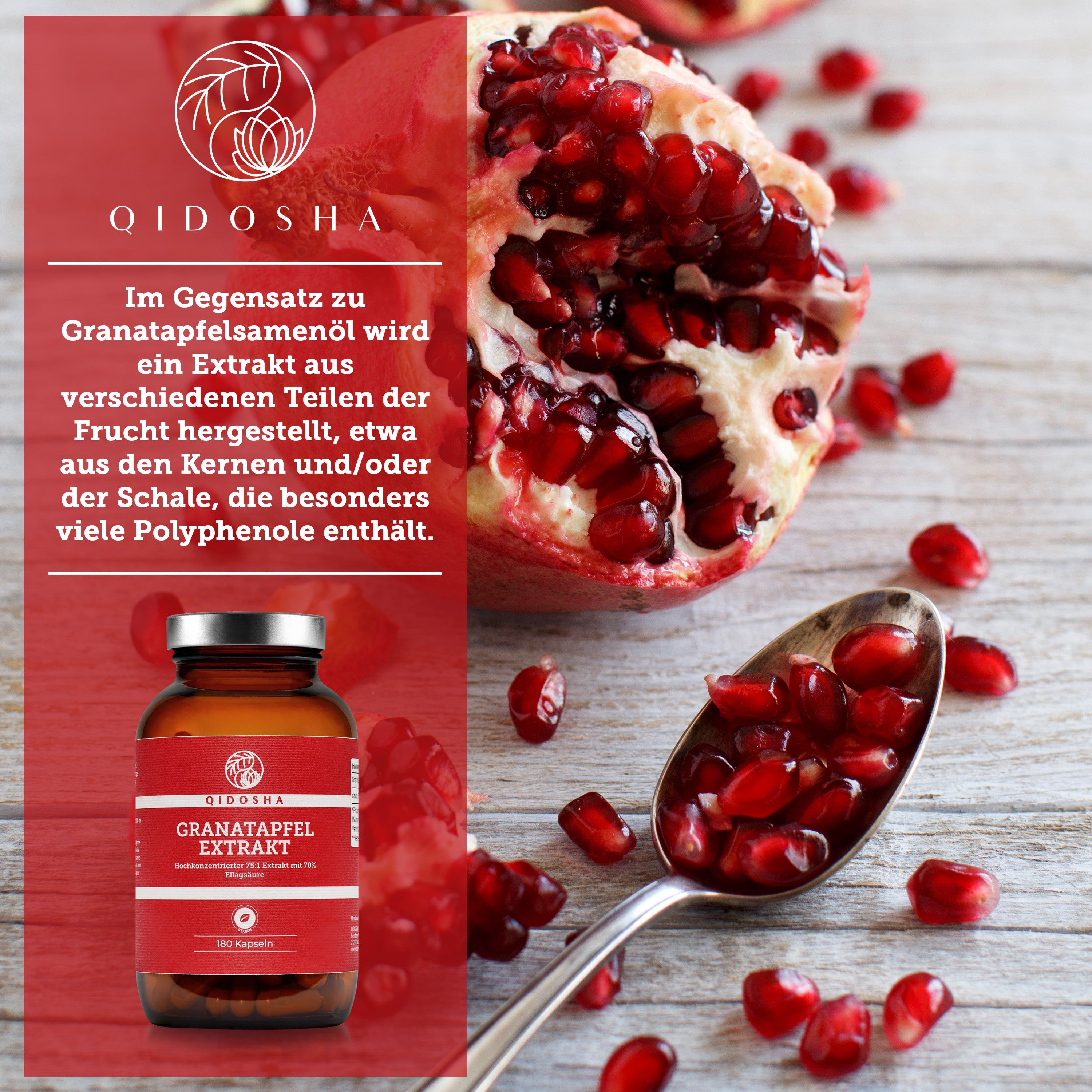 QIDOSHA Granatapfel-Extrakt: Flasche neben frischen Granatapfelkernen auf einem Löffel und auf einem Holztisch.