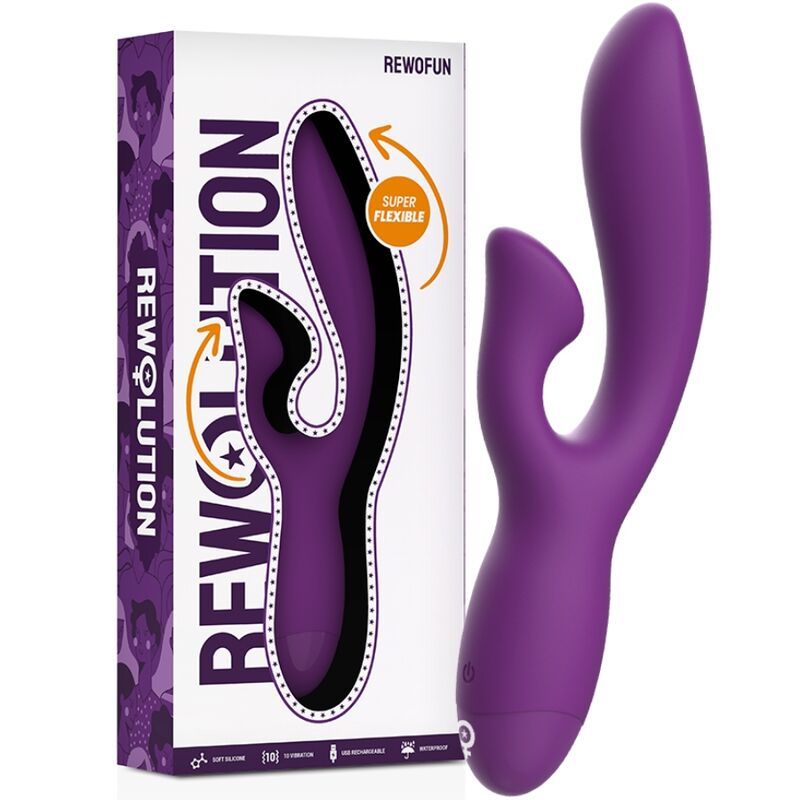 Produktverpackung mit lila Vibrator und Text "REWOLUTION" und "REWOFUN". Aufschrift "SUPER FLEXIBLE" auf der Verpackung.