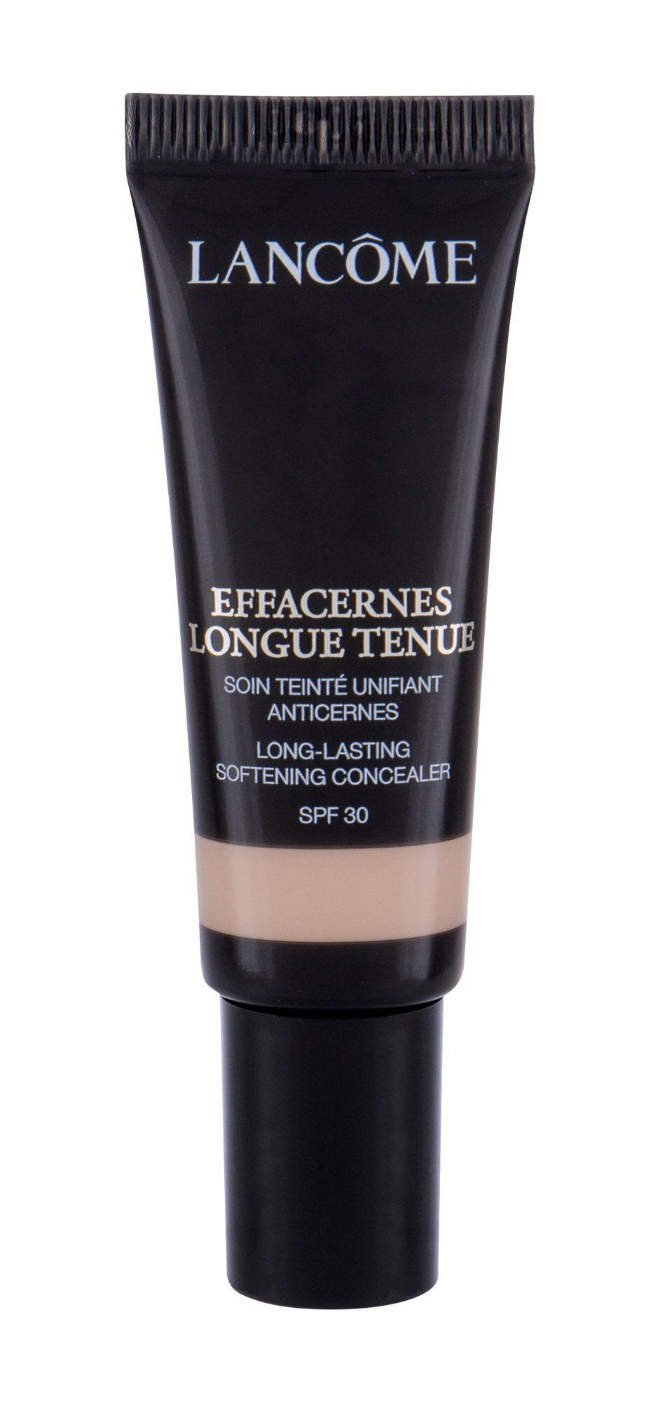 Schwarze Tube mit beige Produkt. Text: Lancôme, Effacernes Longue Tenue, SPF 30.