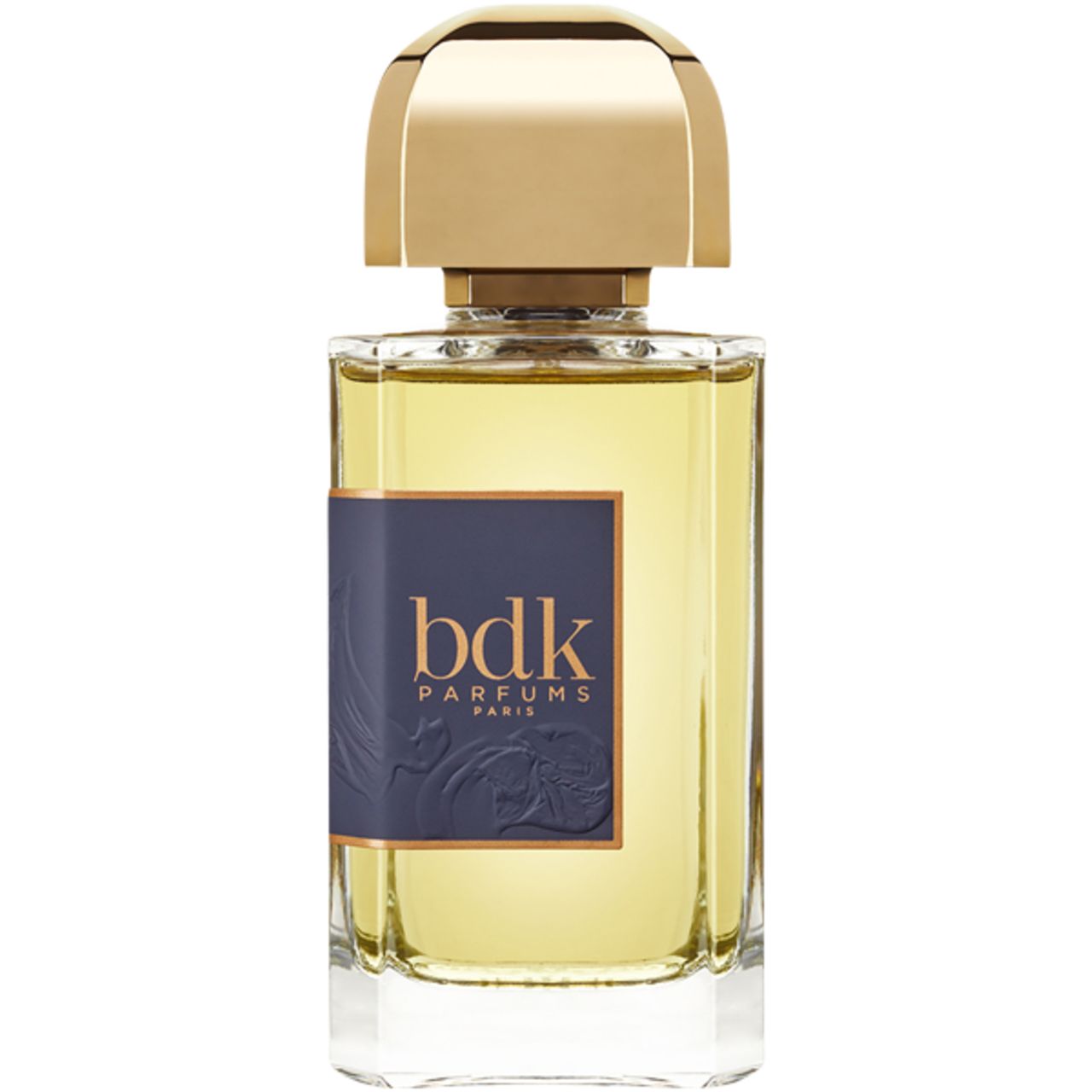Parfümflakon mit goldfarbenem Verschluss. Auf dem Etikett steht "bdk Parfums Paris". Der Flakon enthält eine gelbliche Flüssigkeit.
