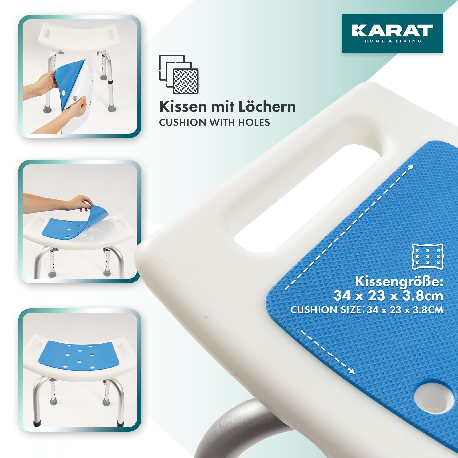 KARAT Duschhocker Noah - Höhenverstellbar - Anti-Rutsch-Gummifüße - Belastbar bis 150 kg