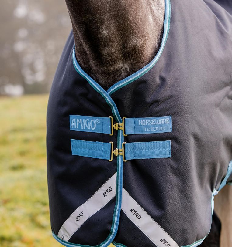 Nahaufnahme einer dunkelblauen Pferdedecke. Hellblaue Riemen mit goldenen Schnallen. Auf den Riemen steht 'AMIGO' und 'HORSEWARE IRELAND'.