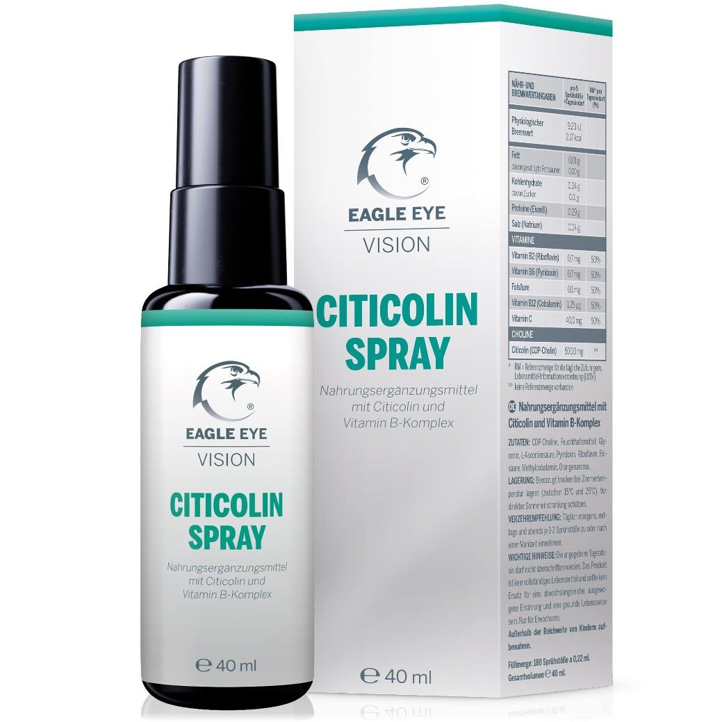 Sprayflasche und Verpackung mit Logo und Text: EAGLE EYE VISION CITICOLIN SPRAY. Enthält Vitamin B-Komplex. 40 ml.