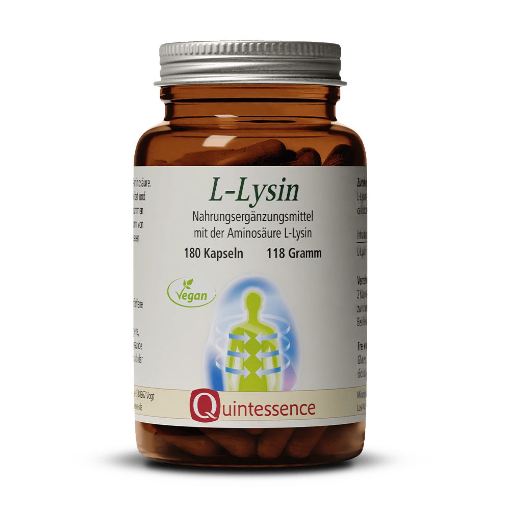 Braune Glasflasche mit L-Lysin Kapseln. 180 Kapseln, 118 Gramm. Vegan. Quintessence Logo.