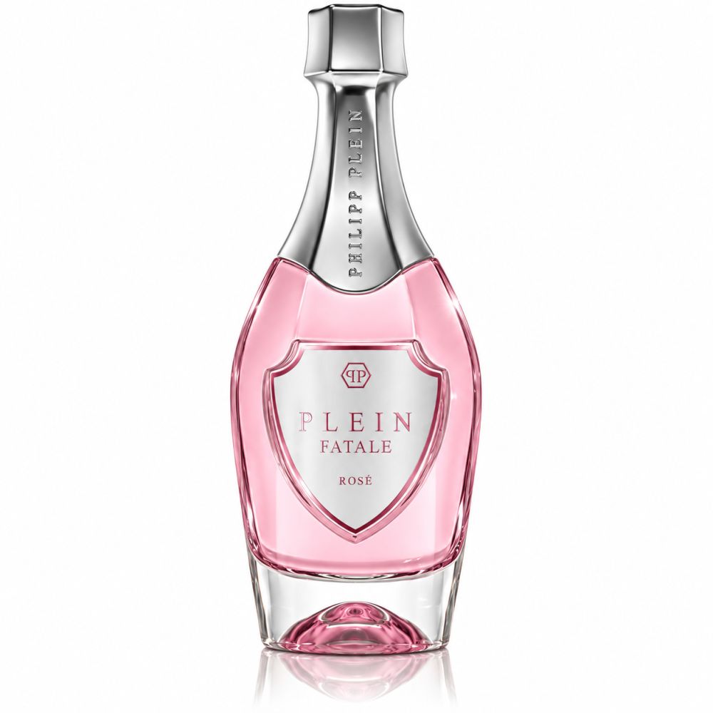 Philipp Plein Fatale Rose Eau de Parfum Flakon. Rosa Duftflüssigkeit in einem Glasflakon mit silbernem Verschluss und Etikett.