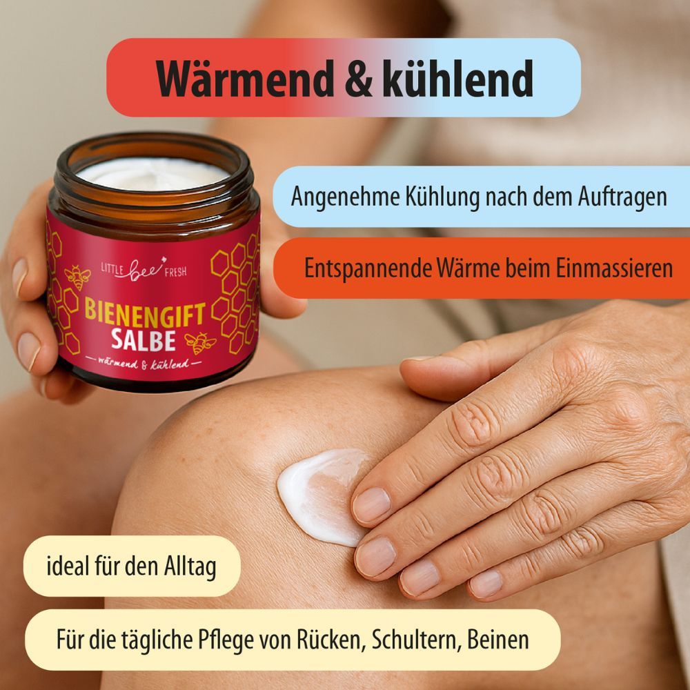 Glas Bienengiftsalbe neben Textblöcken. Text: 'Wärmend & kühlend'. Anwendung auf Knie. Text: 'Für die tägliche Pflege'.