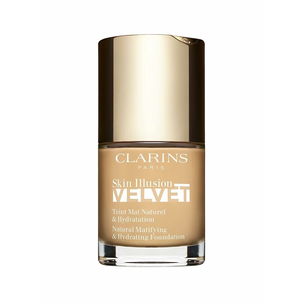 Flakon mit goldfarbenem Deckel. Aufschrift: Skin Illusion Velvet, Natural Matifying & Hydrating Foundation.