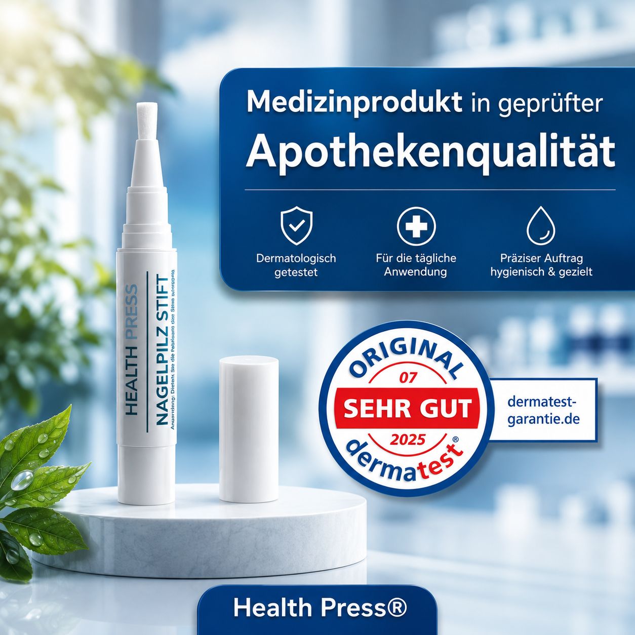 Stift mit Pinselspitze und Kappe. Text: Health Press Nagelpilz Stift. Siegel: Original 07/2025 dermatest.de.