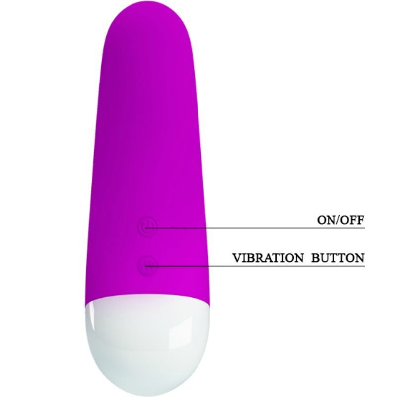 Lila Vibrator mit weißen Spitze. Zwei Knöpfe beschriftet ON/OFF und VIBRATION BUTTON.