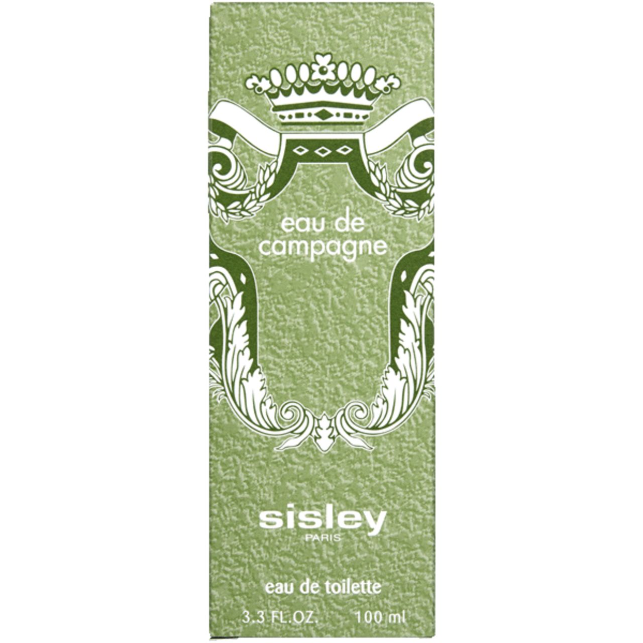 Sisley Eau de Campagne EdT Nat. Spray. Grüne Schachtel mit Aufdruck. Aufschrift: Eau de Campagne, Sisley, Eau de Toilette, 3.3 FL.OZ, 100 ml.
