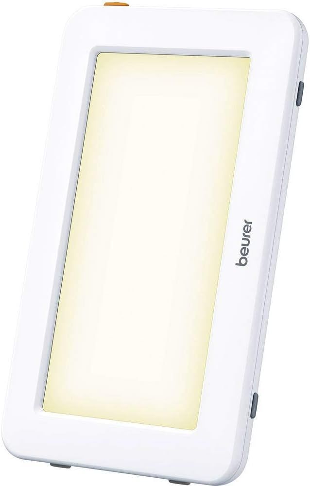 Weiße Tageslichtlampe mit gelbem Licht. Der Schriftzug "beurer" ist sichtbar.