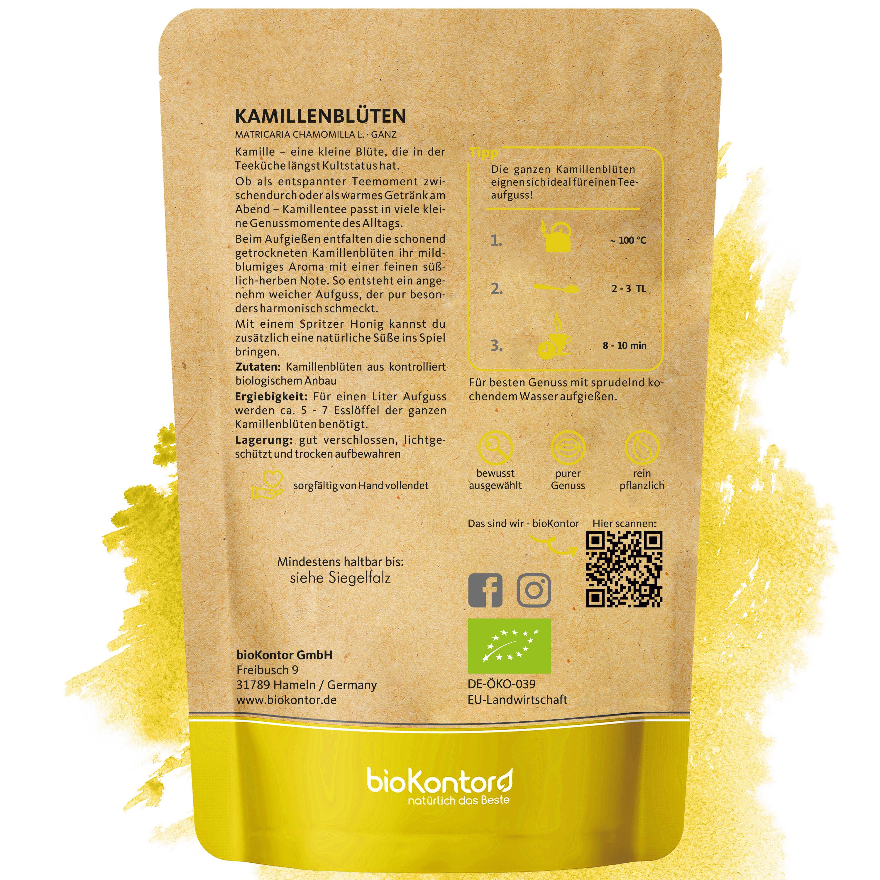 Bio-Kräutertee aus ganzen Kamillenblüten in einer braunen Papiertüte mit Siegel und Bio-Siegeln.