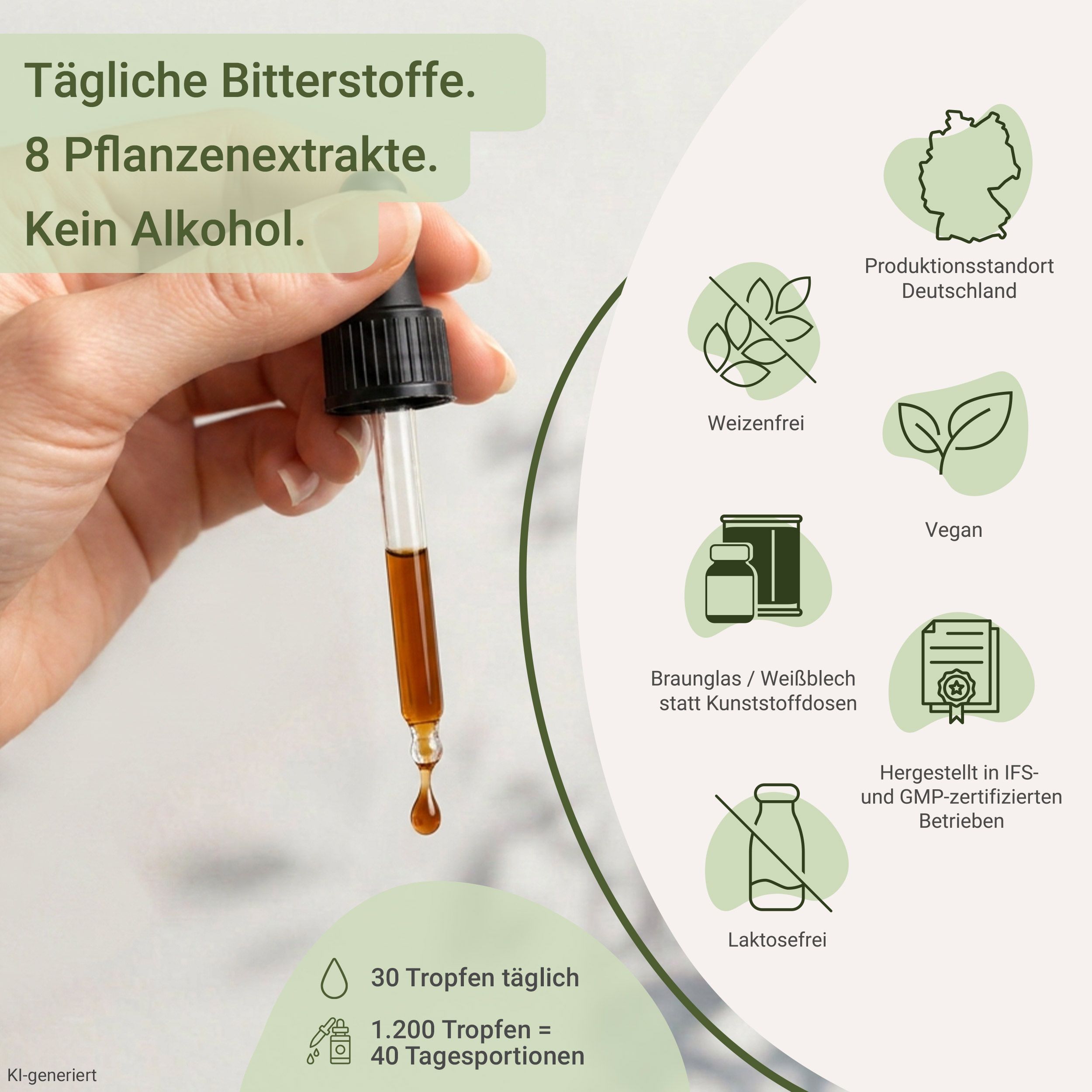 Braune Flüssigkeit in Pipette, Tägliche Bitterstoffe, 8 Pflanzenextrakte, Kein Alkohol, Weizenfrei, Vegan, Laktosefrei.