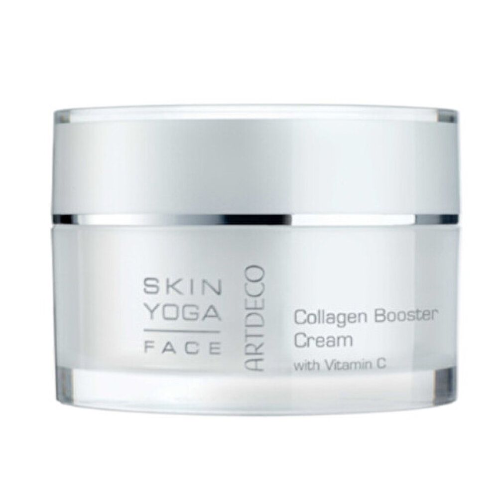 Weißer Tiegel mit Deckel. Aufschrift: Skin Yoga Face, Artdeco, Collagen Booster Cream with Vitamin C.