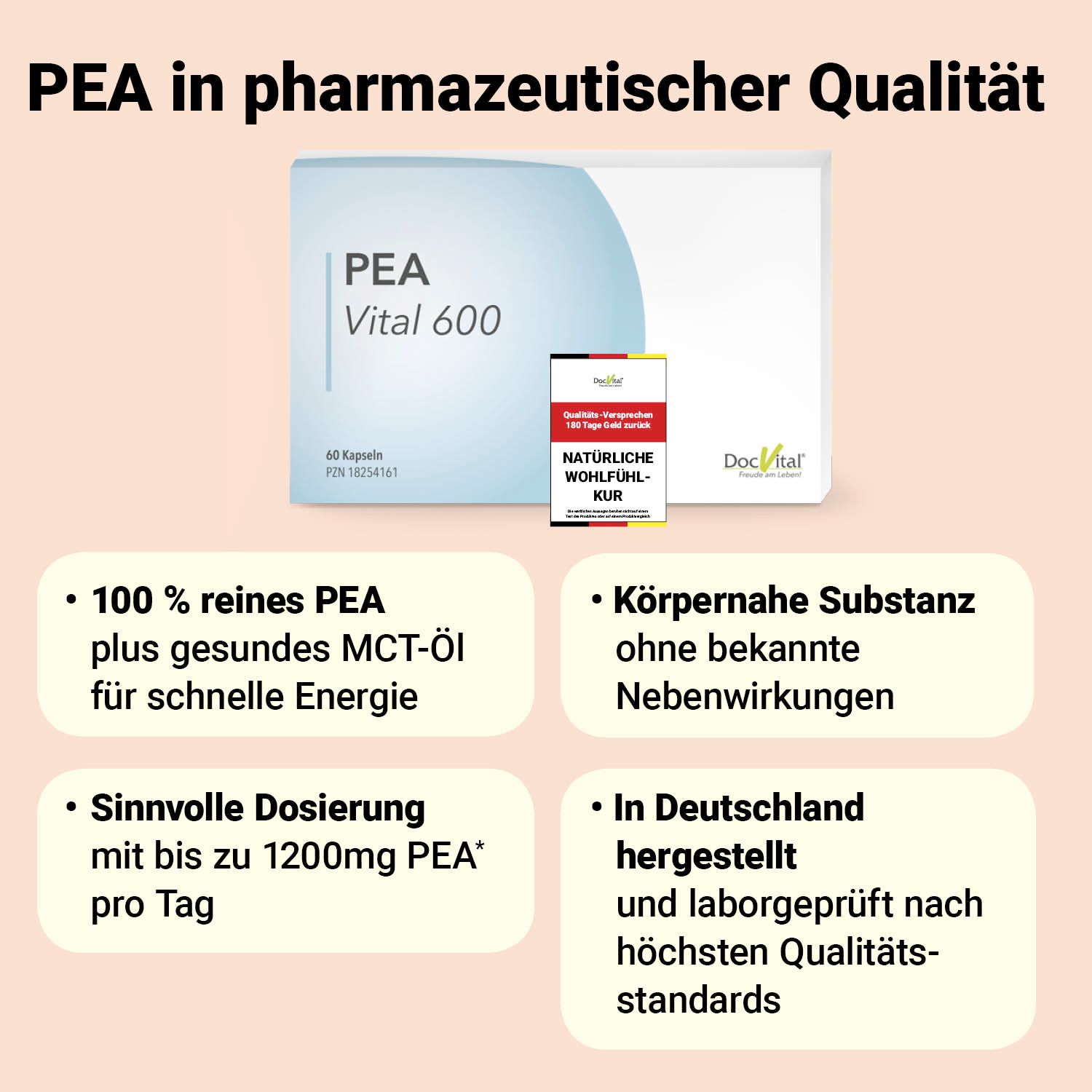 Produktverpackung und kleine Packung. Text: PEA in pharmazeutischer Qualität. Infografiken: 100% reines PEA, körpernahe Substanz, sinnvolle Dosierung, hergestellt in Deutschland.
