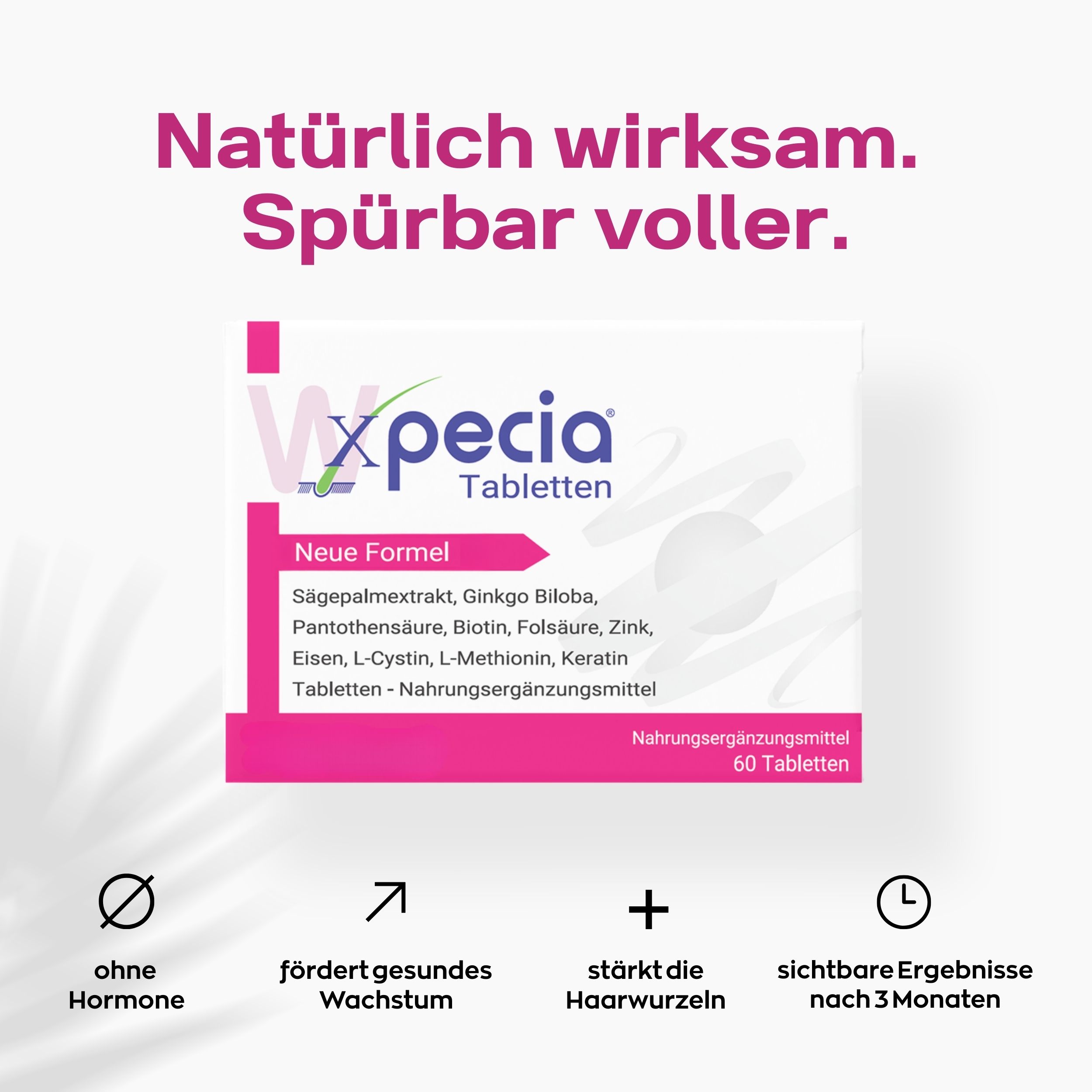 Produktverpackung mit Text: Xpecia Tabletten, Neue Formel. 60 Tabletten. Ohne Hormone, gesundes Wachstum.