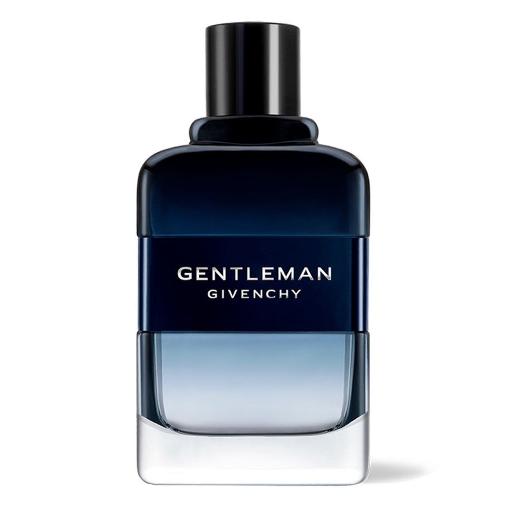 Givenchy Gentleman Eau de Toilette Intense Flakon. Rechteckige Form, blau-transparenter Farbverlauf, schwarzer Deckel, weißer Schriftzug.