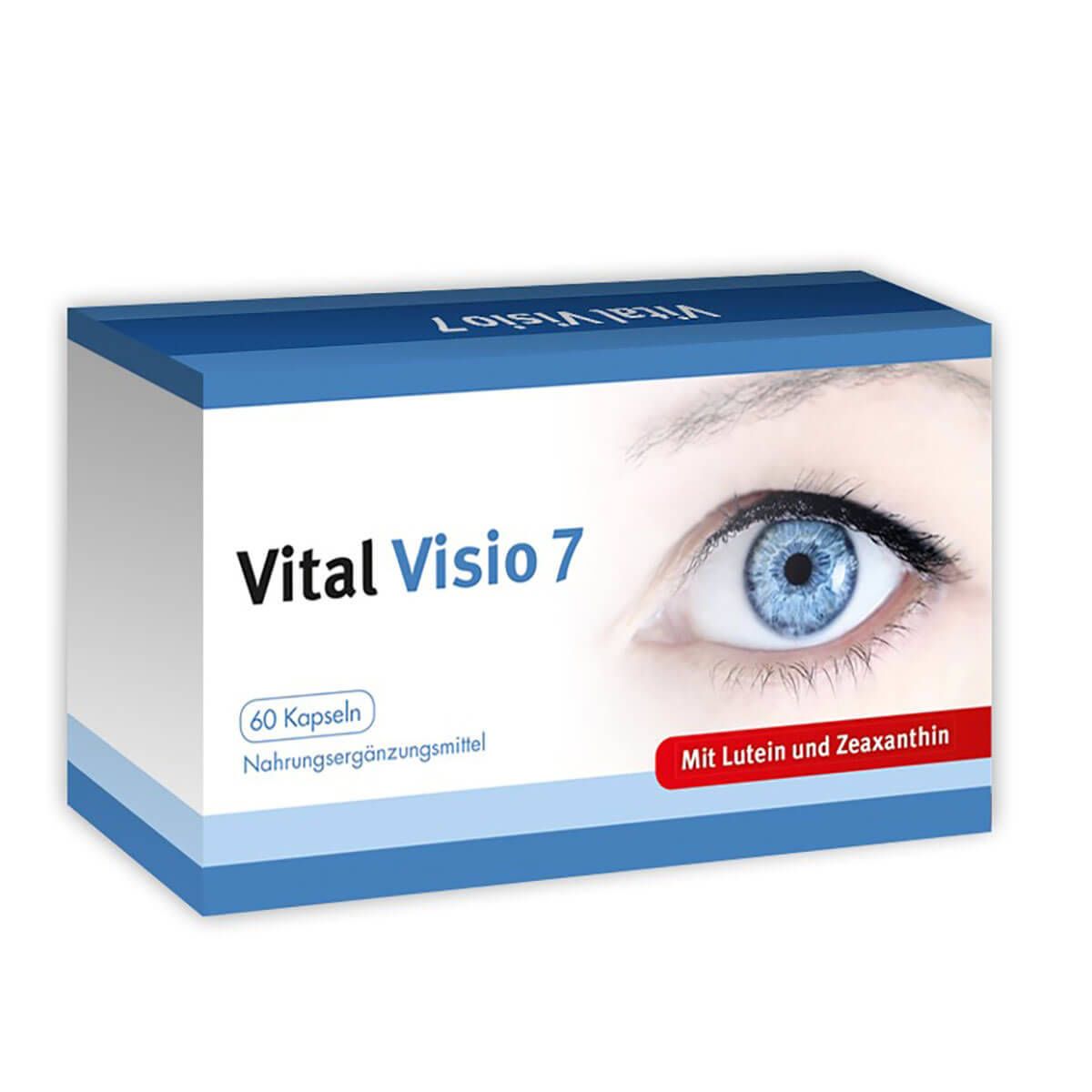 Karton mit Vital Visio 7. Aufdruck: 60 Kapseln, Nahrungsergänzungsmittel. Abgebildet ist ein blaues Auge. Aufschrift: Mit Lutein und Zeaxanthin.