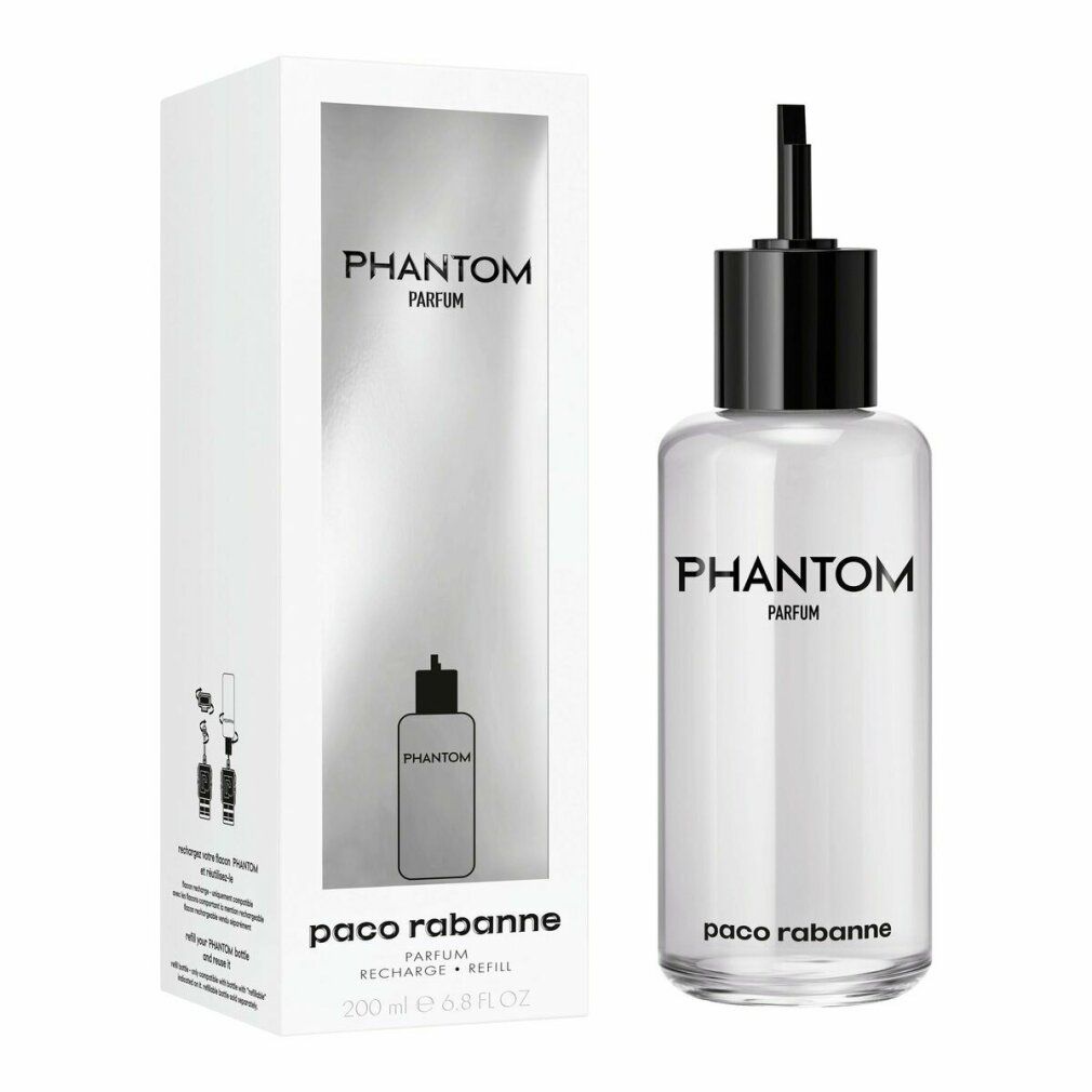 Produktverpackung. Weiße Schachtel und Nachfüllflasche. Aufschrift: PHANTOM PARFUM, paco rabanne RECHARGE + REFILL.